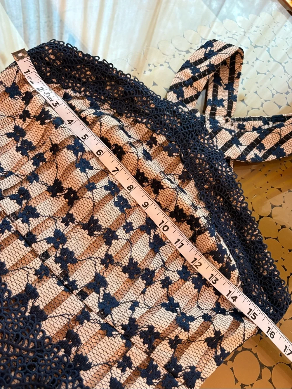 FOXIEDOX Anthropologie Cordelia Navy Blue Beige Lace Halter Dress! Gorgeous! S